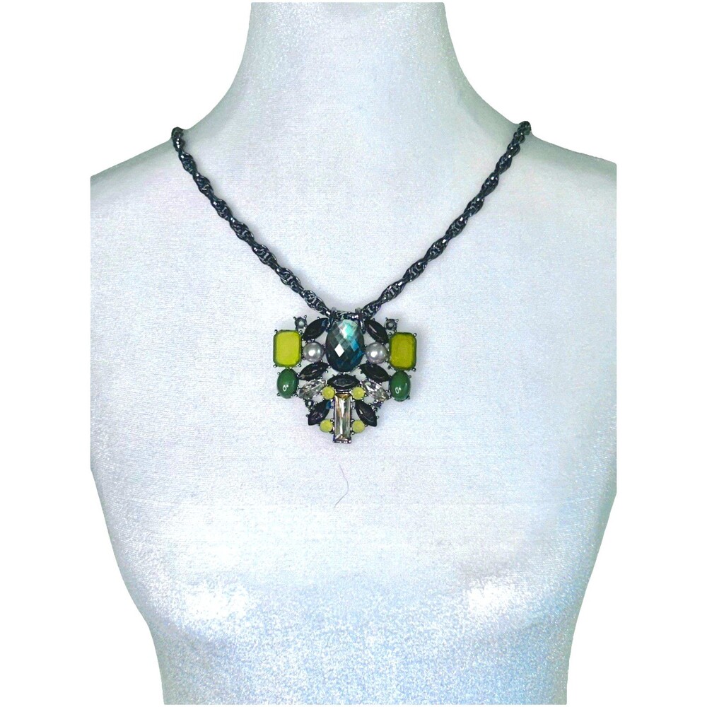 Chicos Statement Necklace Green Yellow Crystal Pendant Gray 42" Jewelry